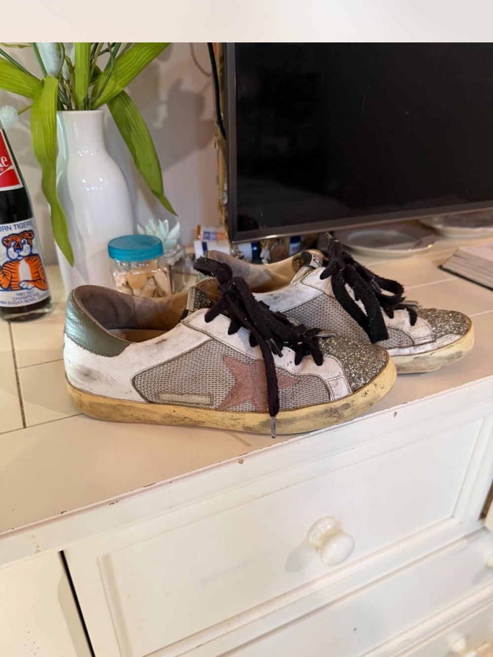 Golden Stars Glitter Toe Sneakers in White and Gold